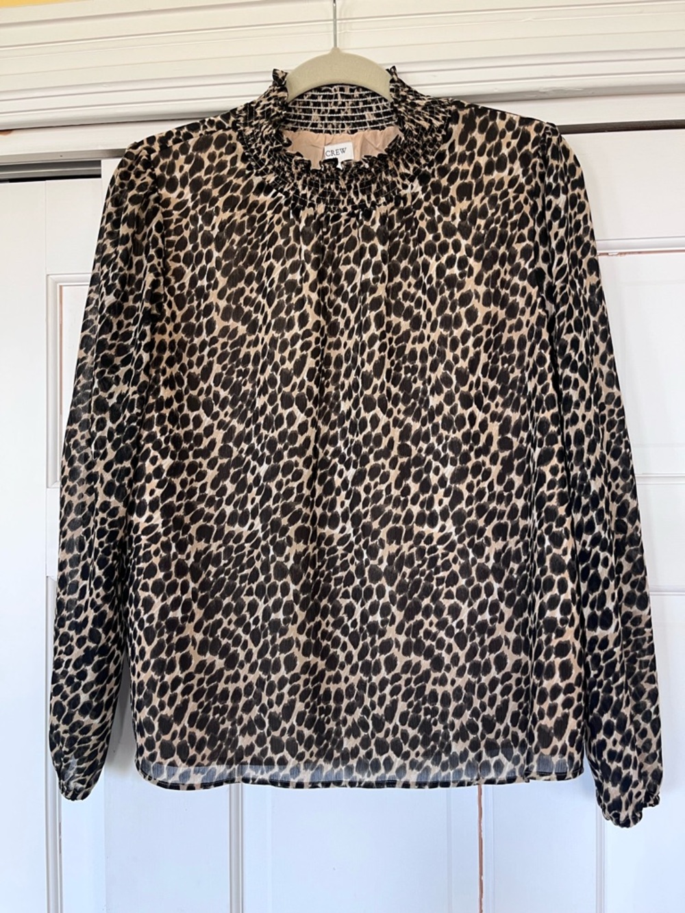 J. Crew Leopard Print Ruffle-Neck Long Sleeve Blouse - Tan & Black